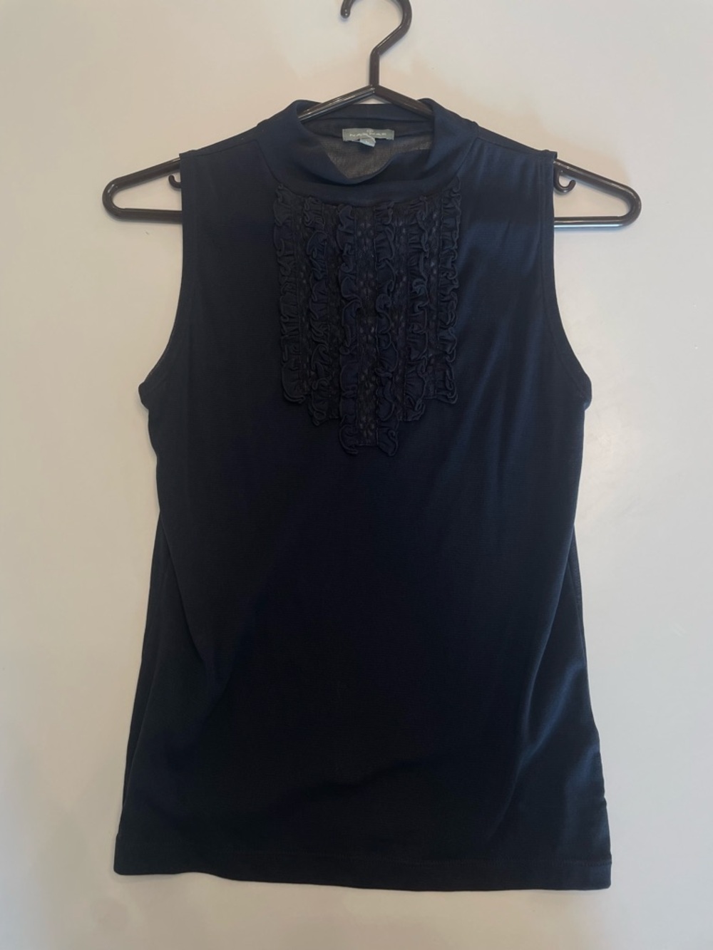 NAF NAF Black Sleeveless Mock Neck Top with Front Ruffle Panel